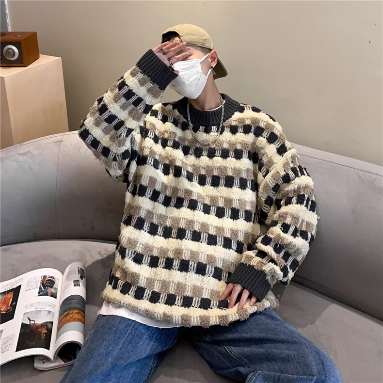 复古着设计小众慵懒风绿色条纹高级感显瘦休闲毛衣男女潮春,男装针织衫/毛衣,星座716-3