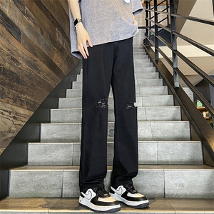 美式高街破洞牛仔裤夏季薄款宽松直筒休闲微喇裤图片