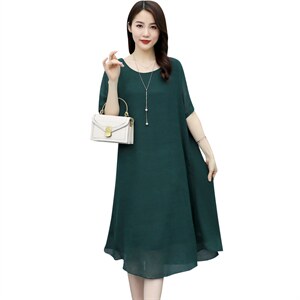 （现货）时尚显瘦大码女装夏季新款圆领宽松纯色短袖中长款连衣裙图片