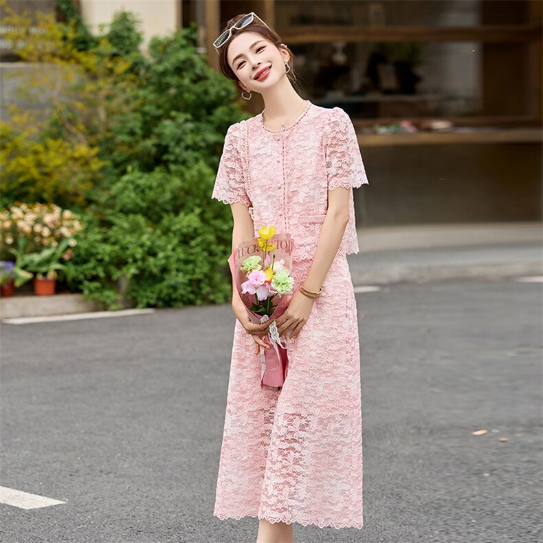 时尚套装女2026夏季新款妈妈装洋气减龄蕾丝拼接上衣半身裙两件套,女装套装/套裙,沁沁公主