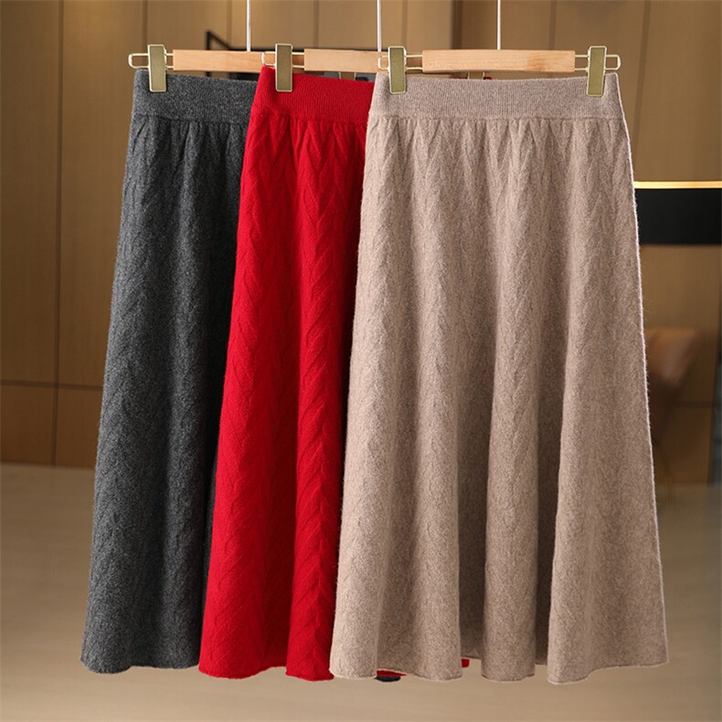 针织半身裙女秋冬2024年新款韩版人字纹高腰裙子，女装半身裙，玛莎羊绒