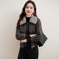 复古磨砂加绒皮衣女2023冬装新款小个子短款潮流机车服皮夹克外套，女装棉衣/棉服，江南女神