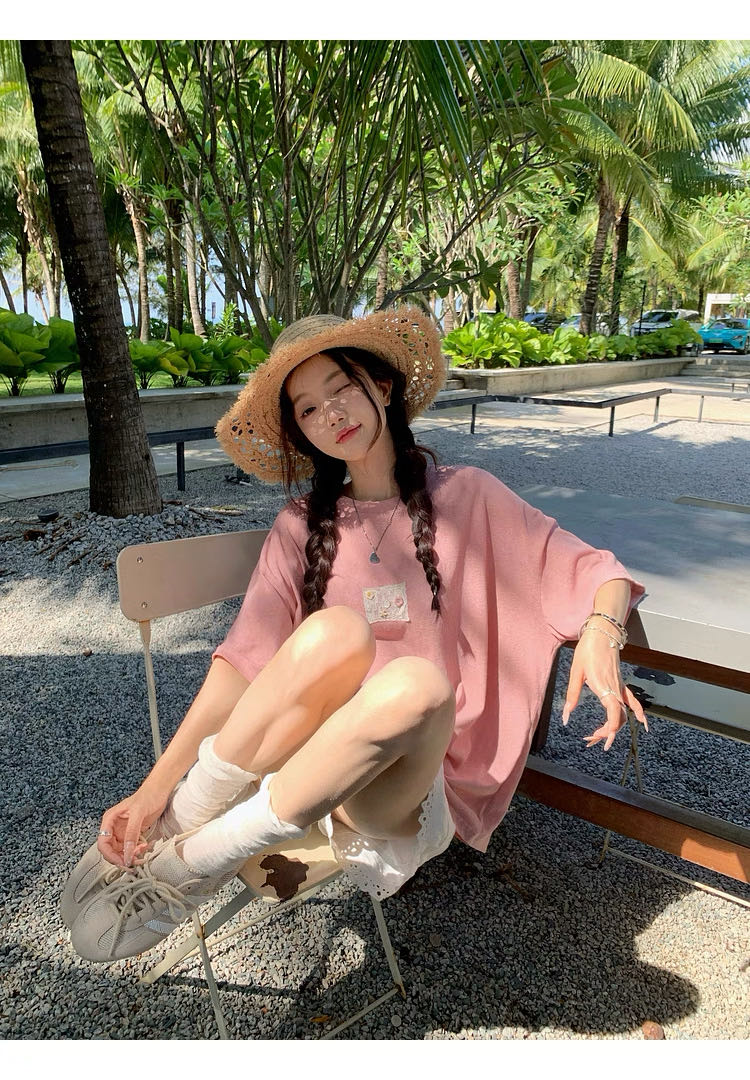 雪花棉麻手工蕾丝短袖时尚百搭,女装T恤,湘姗