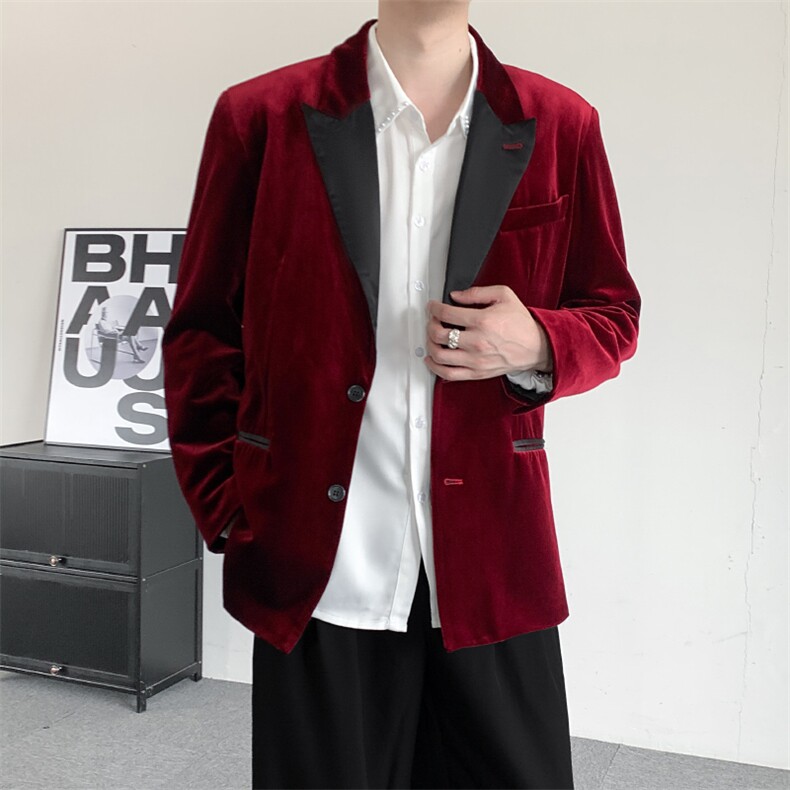 秋装2025酒红色轻奢丝绒西装戗驳领宴会礼服男西装主持人结婚外套,男装西服,星座909