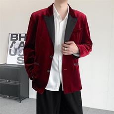 秋装2025酒红色轻奢丝绒西装戗驳领宴会礼服男西装主持人结婚外套，男装西服，星座909