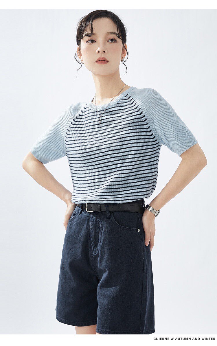 2025春夏条纹针织衫精纺羊毛短袖女宽松显瘦插肩,女装T恤,德聚羊绒