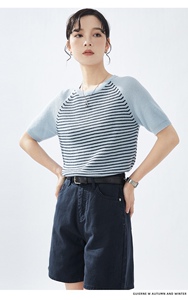 2025春夏条纹针织衫精纺羊毛短袖女宽松显瘦插肩图片
