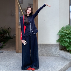 初秋穿搭无袖马甲阔腿裤牛仔套装女春秋季2025新款高级感洋气时尚，女装套装/套裙，2D076