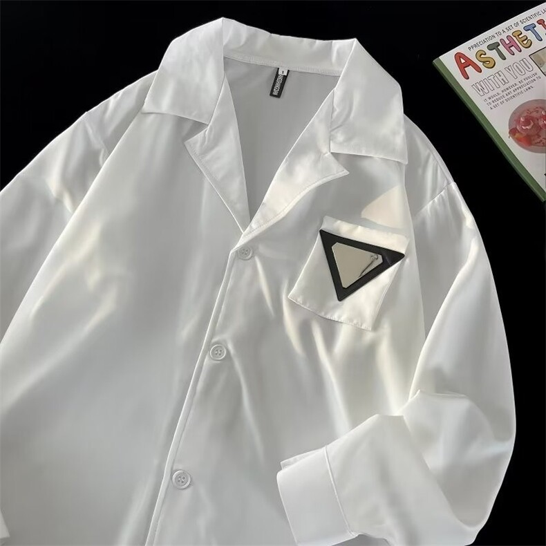 806-P38小众设计感垫肩衬衫男痞帅韩版潮牌古巴领休闲薄白色衬衣，男装衬衫，电商B323A