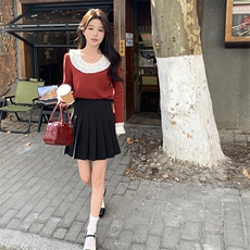 时尚百搭花边领长袖针织衫甜美可爱显瘦上衣秋季必备单品，女装针织衫/毛衣，鑫慧