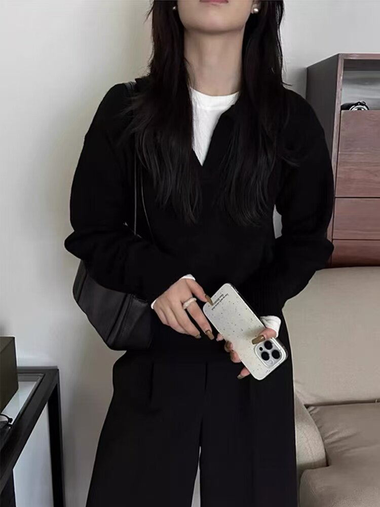 气质简约灰色短款POLO领羊绒针织衫女春秋宽松薄款翻领羊毛打底衫,针织衫/毛衣,美莎羊绒