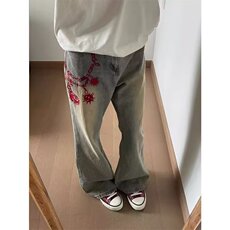 高街美式复古水洗做旧刺绣牛仔裤男直筒宽松微喇裤N1116-P47，男装牛仔裤，星座208-5