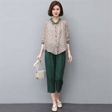 时尚棉麻套装女2022秋装新款韩版印花衬衫休闲裤两件套潮，女装大码女装，奕阳依阁