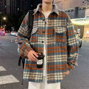 453-P60 磨毛格子衬衫女长袖春装大码宽松复古叠穿上衣中长款图片