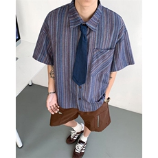 日系条纹衬衫男夏季短袖文艺复古穿搭工装衬衣潮CY1159-P34，男装T恤，星座412-2