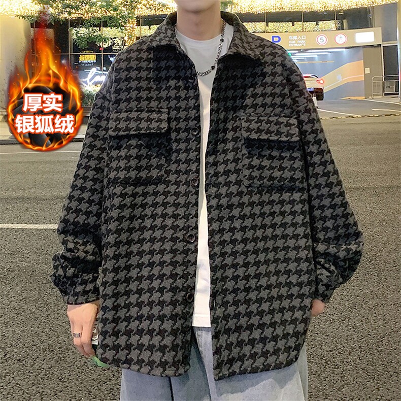 冬款高街男衬衫夹克千鸟格翻领加绒加厚毛呢外套J25861J加绒-P80,男装夹克,电商A001-1
