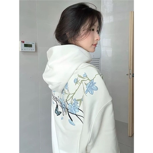 美式复古高街花卉刺绣连帽卫衣女秋季薄款情侣装设计感小众上衣潮图片