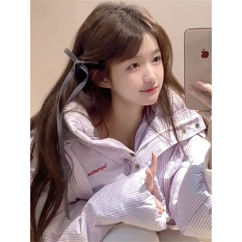 韩系甜美风条纹撞色蝴蝶结系带连帽棉服女学生冬季加厚面包服外套,男装夹克,星座506A