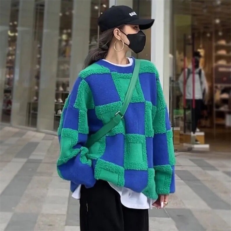 欧洲站2021秋冬新款撞色加厚针织衫立体植绒大格子慵懒风毛衣女，女装针织衫/毛衣，潮品会