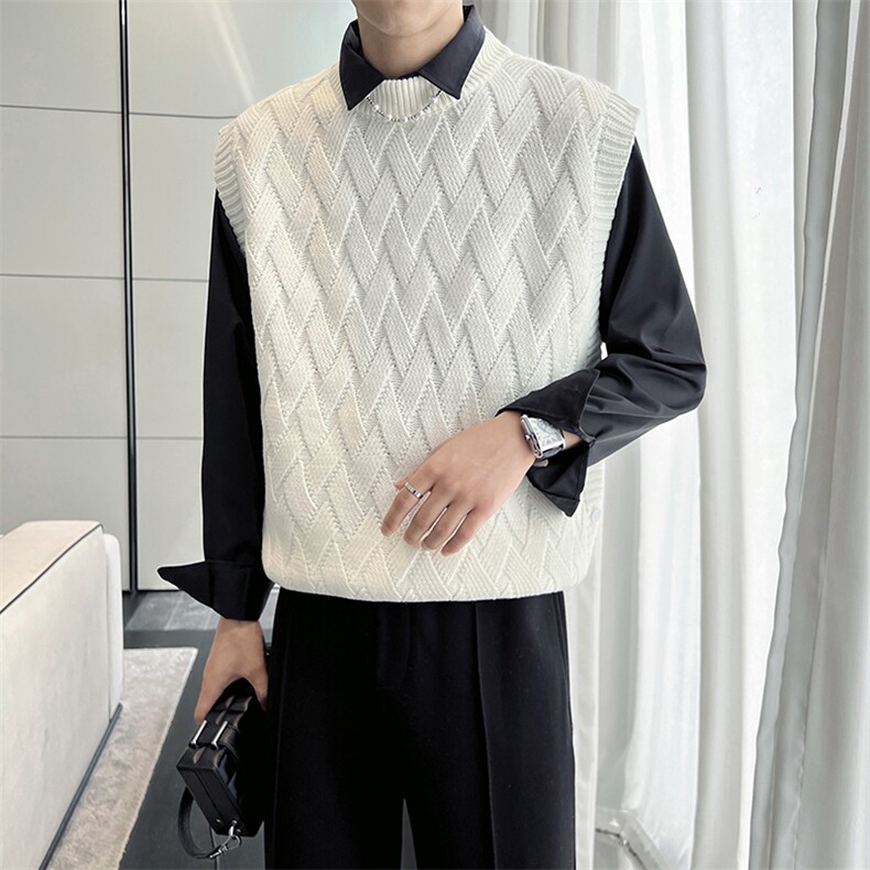 侧面开叉叠穿宽松无袖坎肩马甲V领毛线背心M45/P40特，男装背心/马甲，电商A243