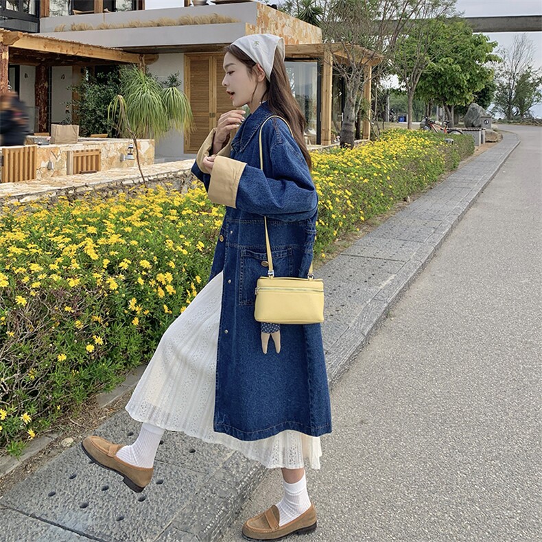 蓝色牛仔风衣外套女2024秋季新款韩版宽松复古撞色休闲中长款大衣图片