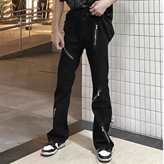 高街拉链小众黑色加绒牛仔裤潮牌复古直筒微喇裤子K6087-P48网图，男装牛仔裤，电商B245