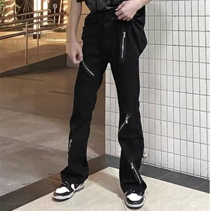 高街拉链小众黑色加绒牛仔裤潮牌复古直筒微喇裤子K6087-P48网图图片