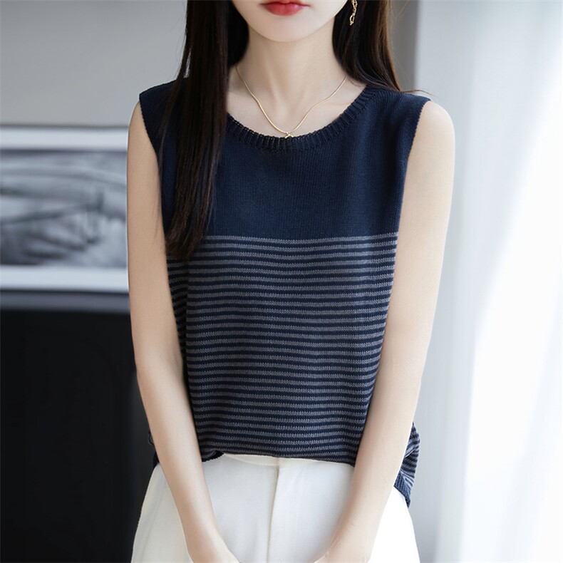 天丝亚麻针织吊带背心女2025夏内搭无袖简约条纹T恤圆领百搭上衣,女装T恤,朝思羊绒