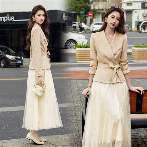 现货2026春装新款时尚气质潮流女小外套蕾丝半裙套装通用两件套，女装套装/套裙，奋斗女王