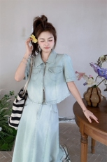 【冰薄荷】浅蓝毛边牛仔衬衫开叉半身裙套装夏装两件套复古做旧潮，女装套装/套裙，诺蝶