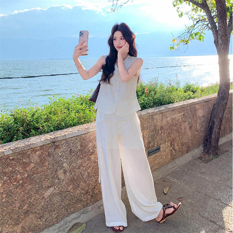 现货松驰感马甲套装夏季新款气质巨好看阔腿裤两件套,女装套装/套裙,韩蔻秀