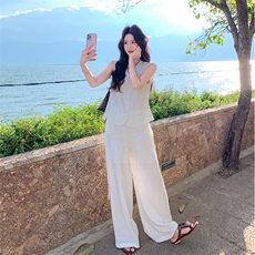 现货松驰感马甲套装夏季新款气质巨好看阔腿裤两件套，女装套装/套裙，韩蔻秀