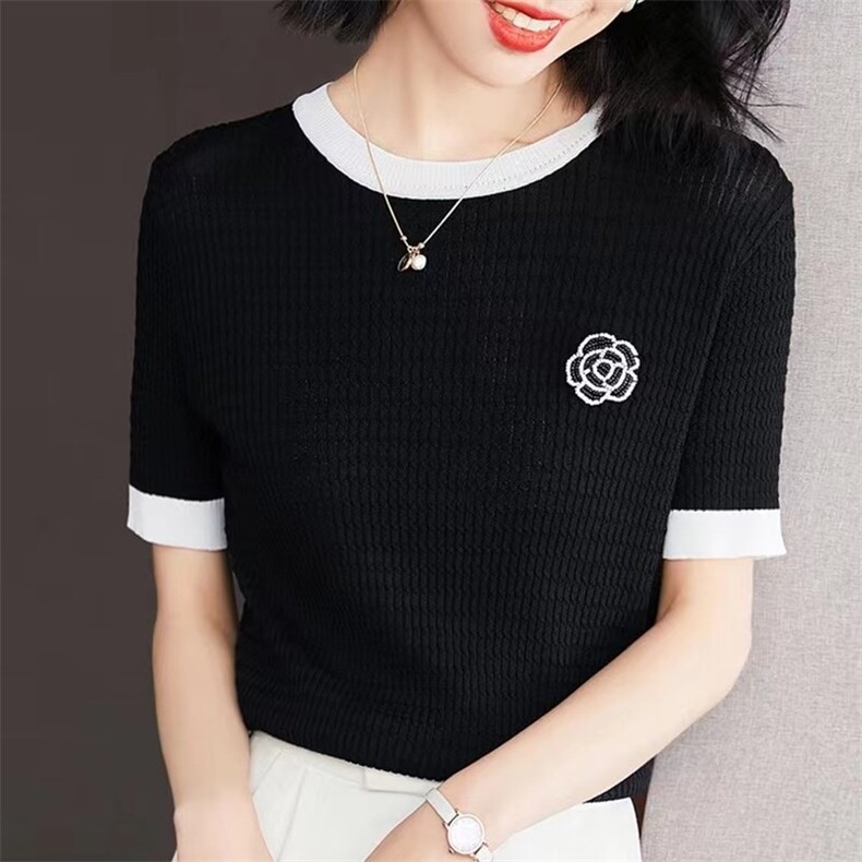 2024新款山茶花冰丝短袖t恤女圆领修身显瘦针织衫,女装羊毛衫,珍珑羊绒