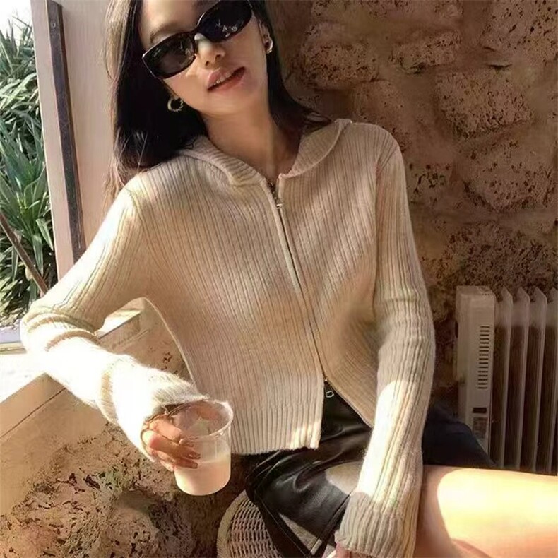 新款纯色连帽针织拉链开衫时尚百搭图片
