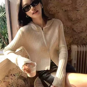 新款纯色连帽针织拉链开衫时尚百搭图片