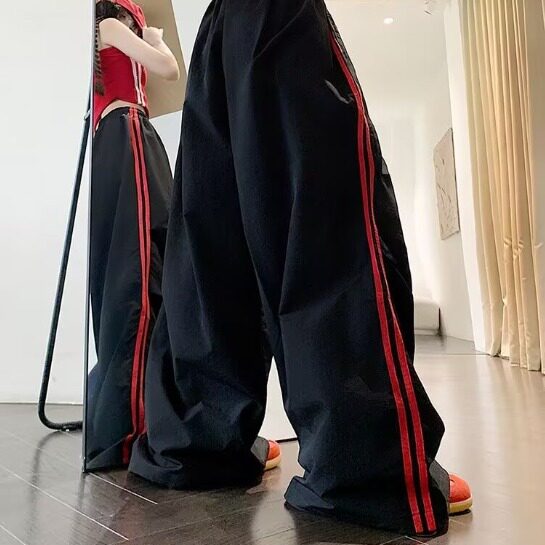 美式撞色条纹速干工装女夏季薄款伞兵宽松拖地裤阔腿运动休闲裤子,男装工装外套,星座506A