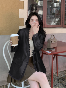 蕾丝拼接休闲西装外套女2026春秋新款温柔风宽松显瘦气质西服上衣图片