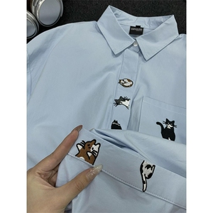 小猫刺绣长袖衬衫男女秋季学院风polo领百搭宽松衬衣CY1239-P35图片