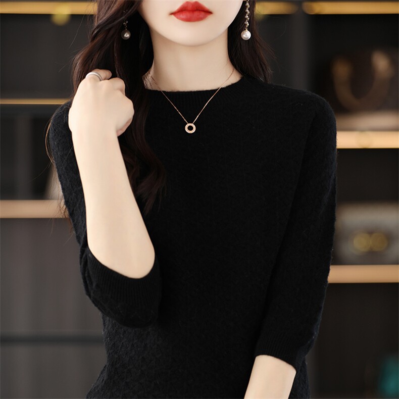 圆领镂空套头短袖针织衫女2024夏秋新款薄款短款羊毛衫，女装羊毛衫，蒙特羊绒