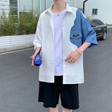 2021男短袖衬衫宽松牛仔拼接口袋装饰日系学生个性衬衣W857-P32，男装衬衫，星座512-2