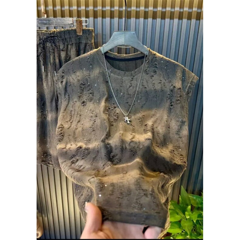 网图2025夏季背心时尚百搭休闲破洞提花套装宽松潮流YY1816-TP55，男装休闲套装，电商C216