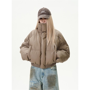现货5W件冬季三防重磅硬挺boxy短款羽绒立领PU皮棉衣外套加厚棉服图片