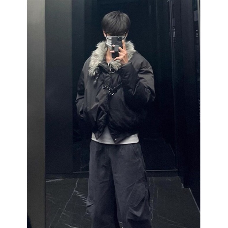冬季新款黑色毛领夹克棉服男高街皮扣设计感棉衣外套MS6030,男装夹克,星座1116A（原606A-3）