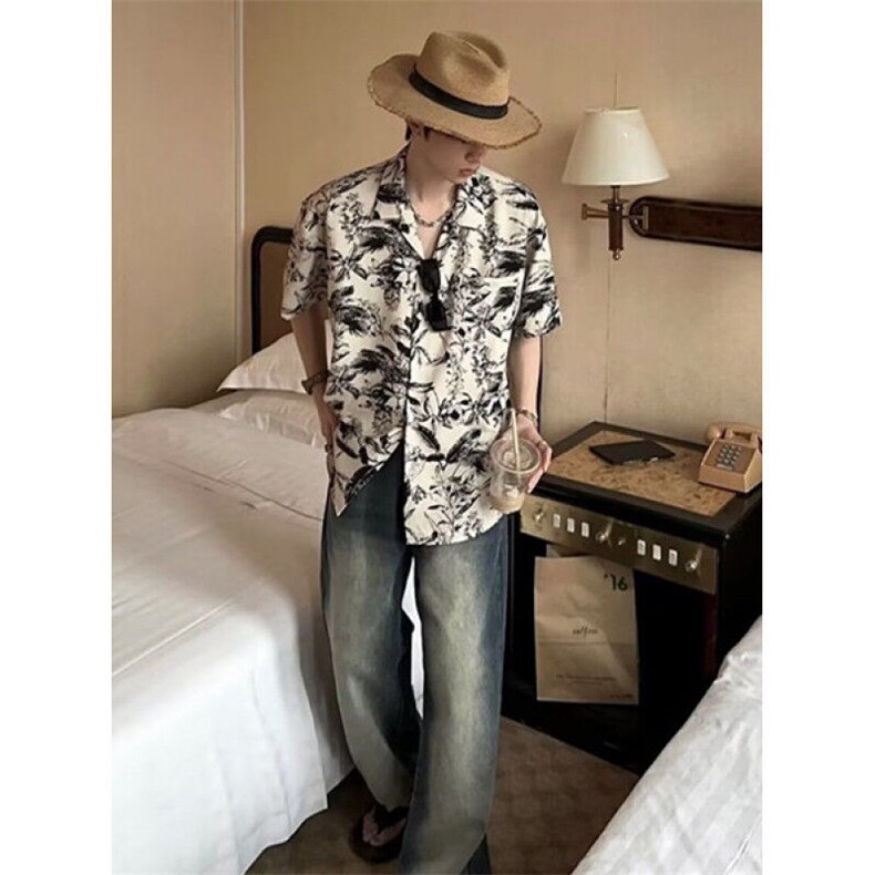夏季沙滩度假风痞帅花衬衫男冷淡风复古设计冰感薄款短袖C2135,男装T恤,星座1116A（原606A-3）