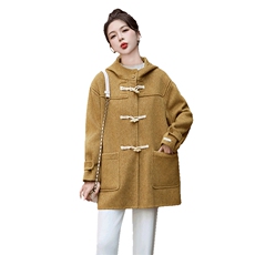 牛角扣连帽双面呢羊绒大衣女2025秋冬新款小个子减龄宽松毛呢外套，女装双面呢大衣，采品优优
