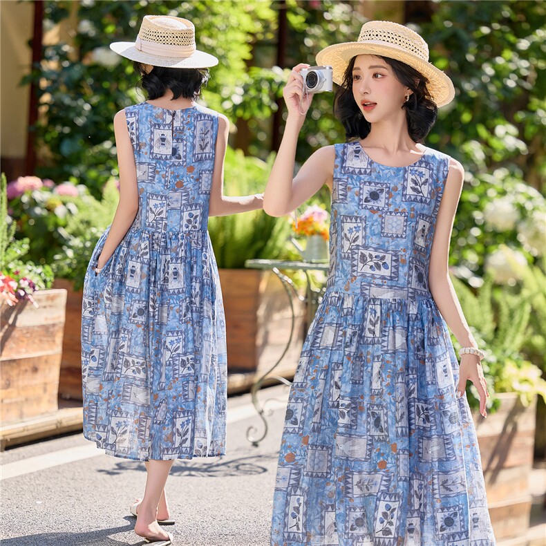 蓝色印花无袖宽松版时尚学院风连衣裙,女装连衣裙,水衣源