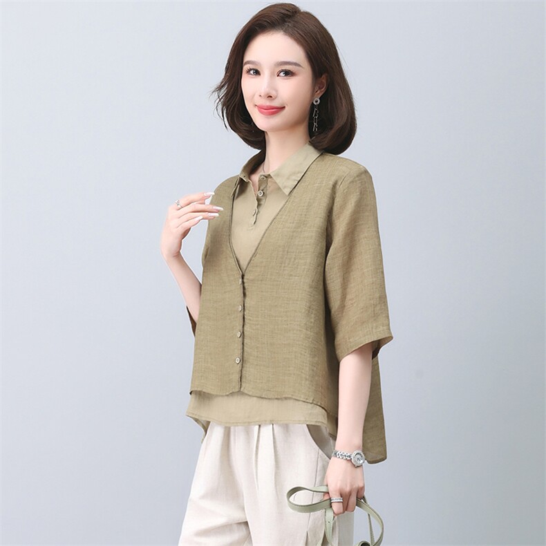 时尚休闲棉麻女2025夏季新款中年妈妈苎麻衬衫减龄亚麻,女装衬衫,忆绮罗