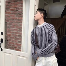 秋冬日系复古条纹撞色开衫毛衣男高街潮牌小众慵懒风休闲针织衫，男装针织衫/毛衣，星座506A