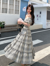 法式复古方领泡泡袖连衣裙女2025夏季高腰显瘦格纹长裙一字领裙子，女装连衣裙，浙宝285（原212）