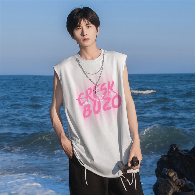 港风24夏款字母印花坎肩圆领链条背心DT65801P35控48，男装背心/马甲，电商A268A